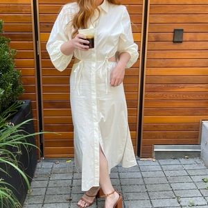 Topshop Ruched Cutout Long Sleeve Cotton Poplin Midi Shirtdress